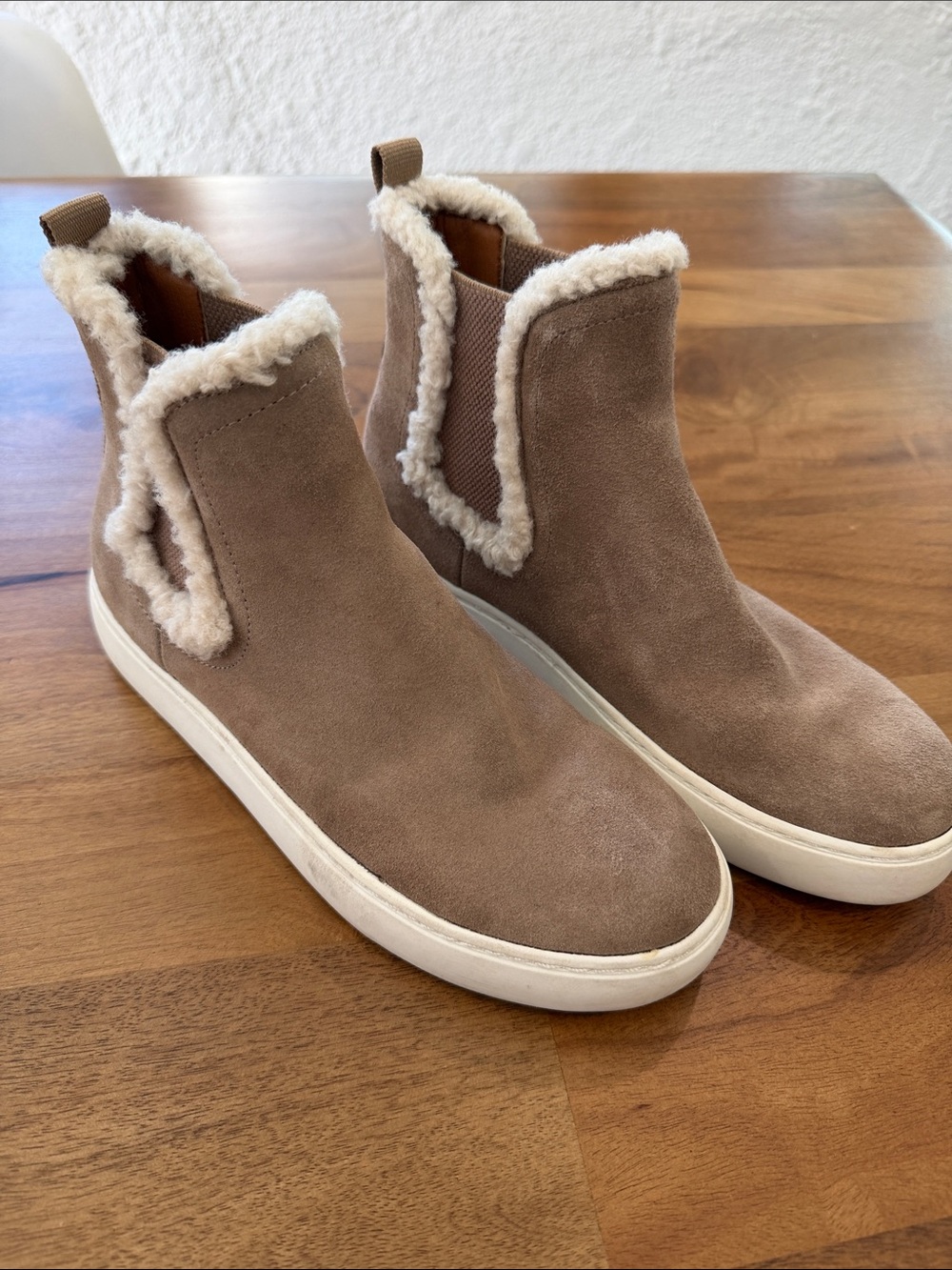 Lucky Brand Taupe Real Suede w/ Faux Shearling Trim Slip-On Booties Size 7 *EUC*